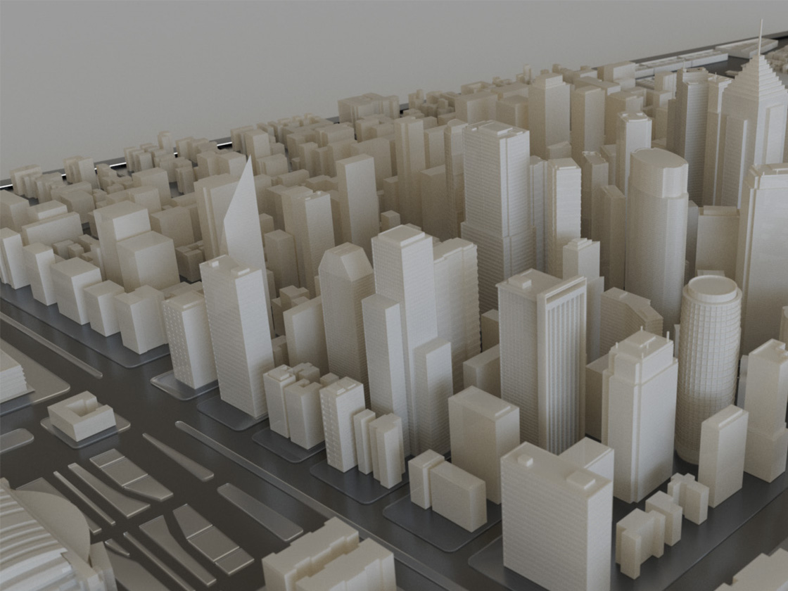 3D render of the white miniature city laid out on the table base