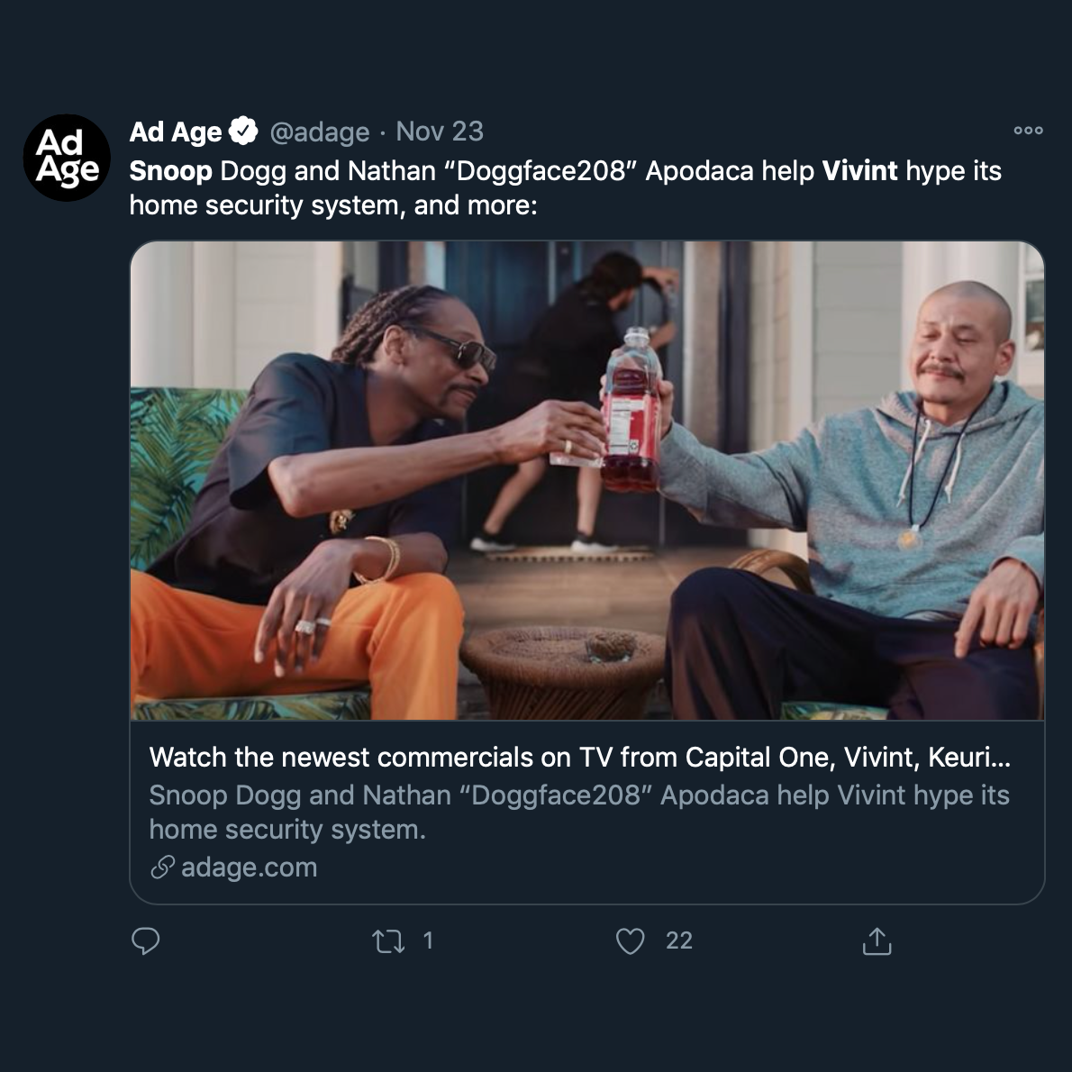 Ad Age tweet: Snoop Dogg and Nathan Doggface208 Apodaca help Vivint hype its home security system