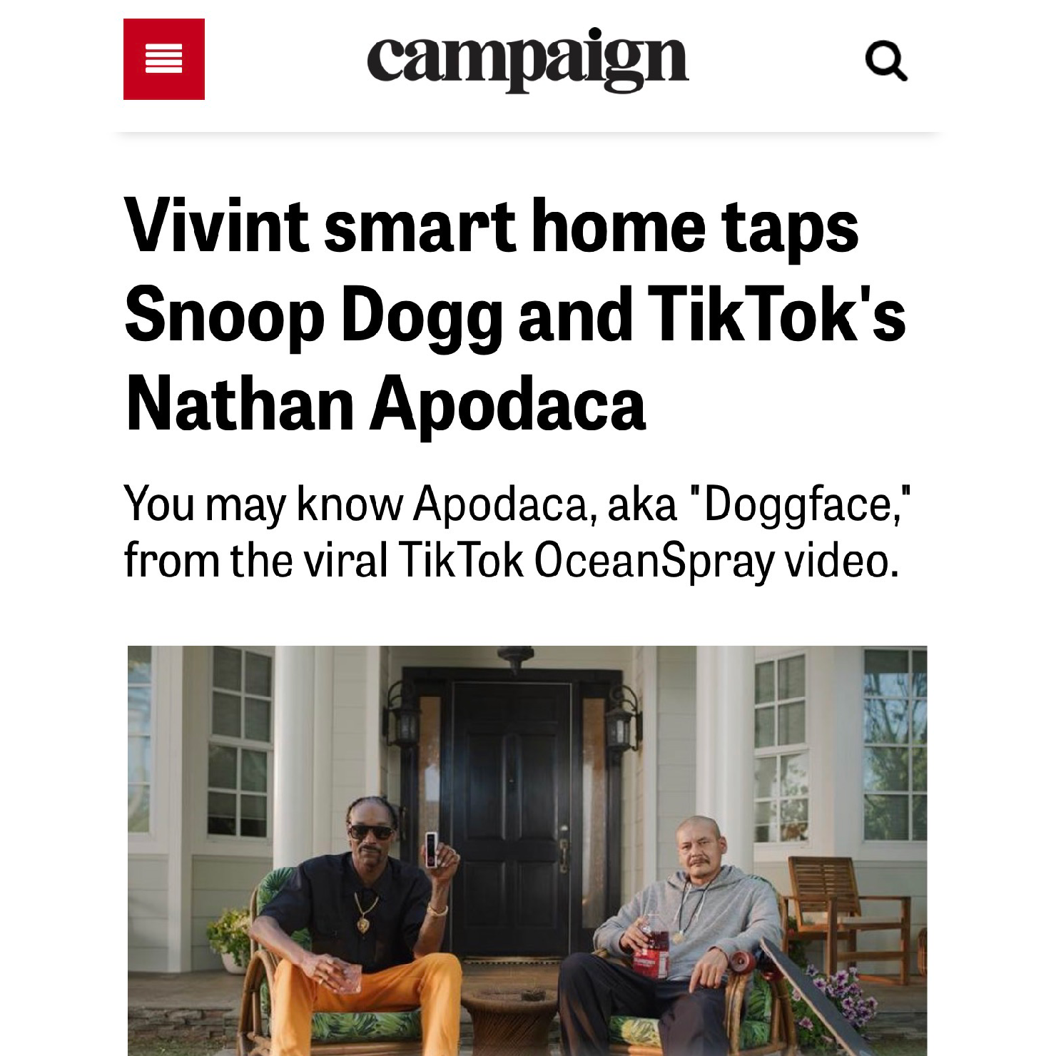 Campaign headline: Vivint smart home taps Snoop Dogg and TikTok's Nathan Apodaca