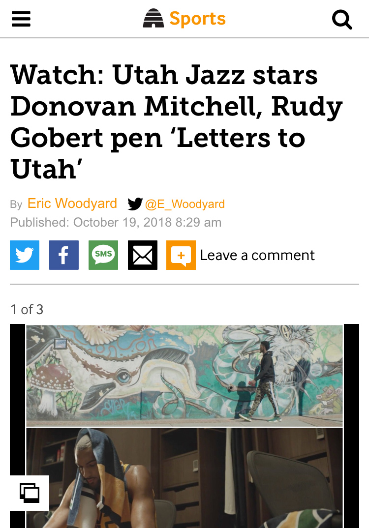 News headline: Watch: Utah Jazz stars Donovan Mitchell, Rudy Gobert pen Letters to Utah