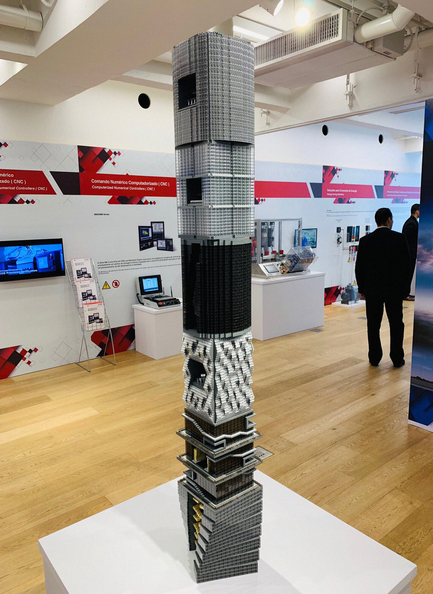 The LEGO model of the tower on display at a Mitsubishi Electric expo
