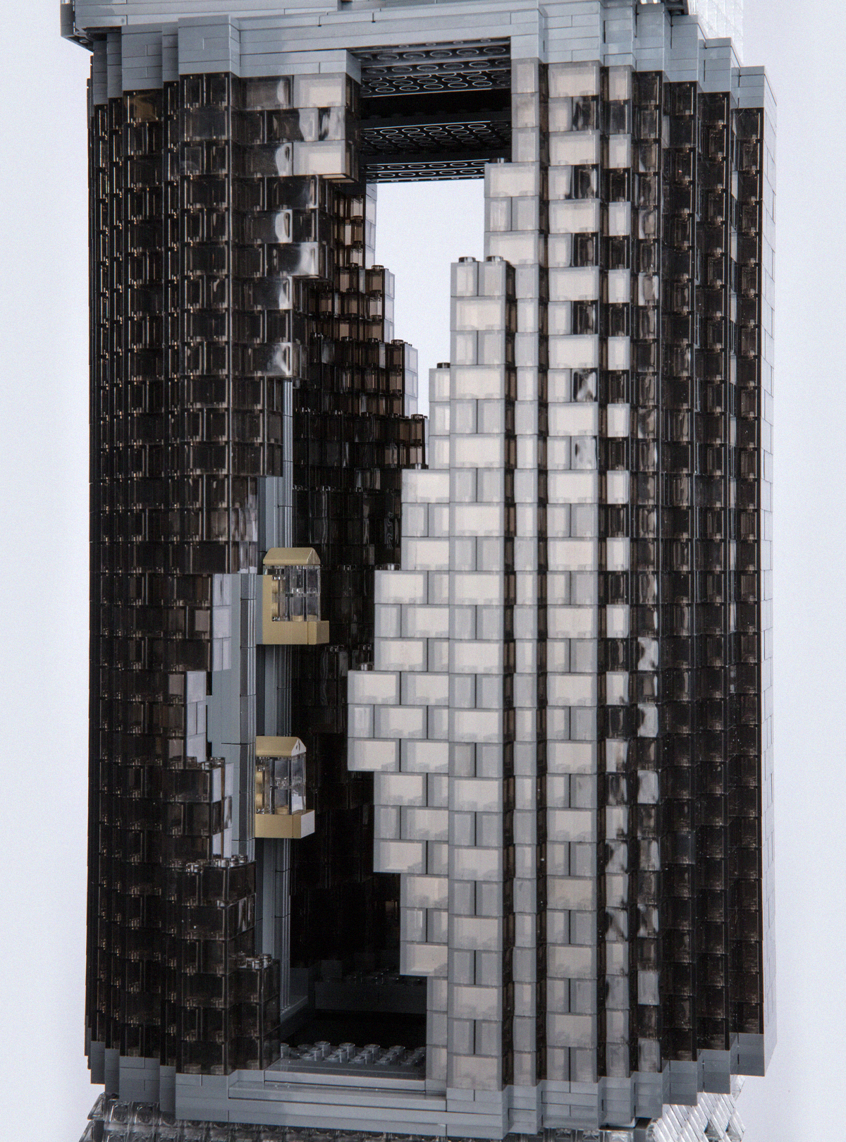 LEGO model detail: the elevator section with two elevator cars
