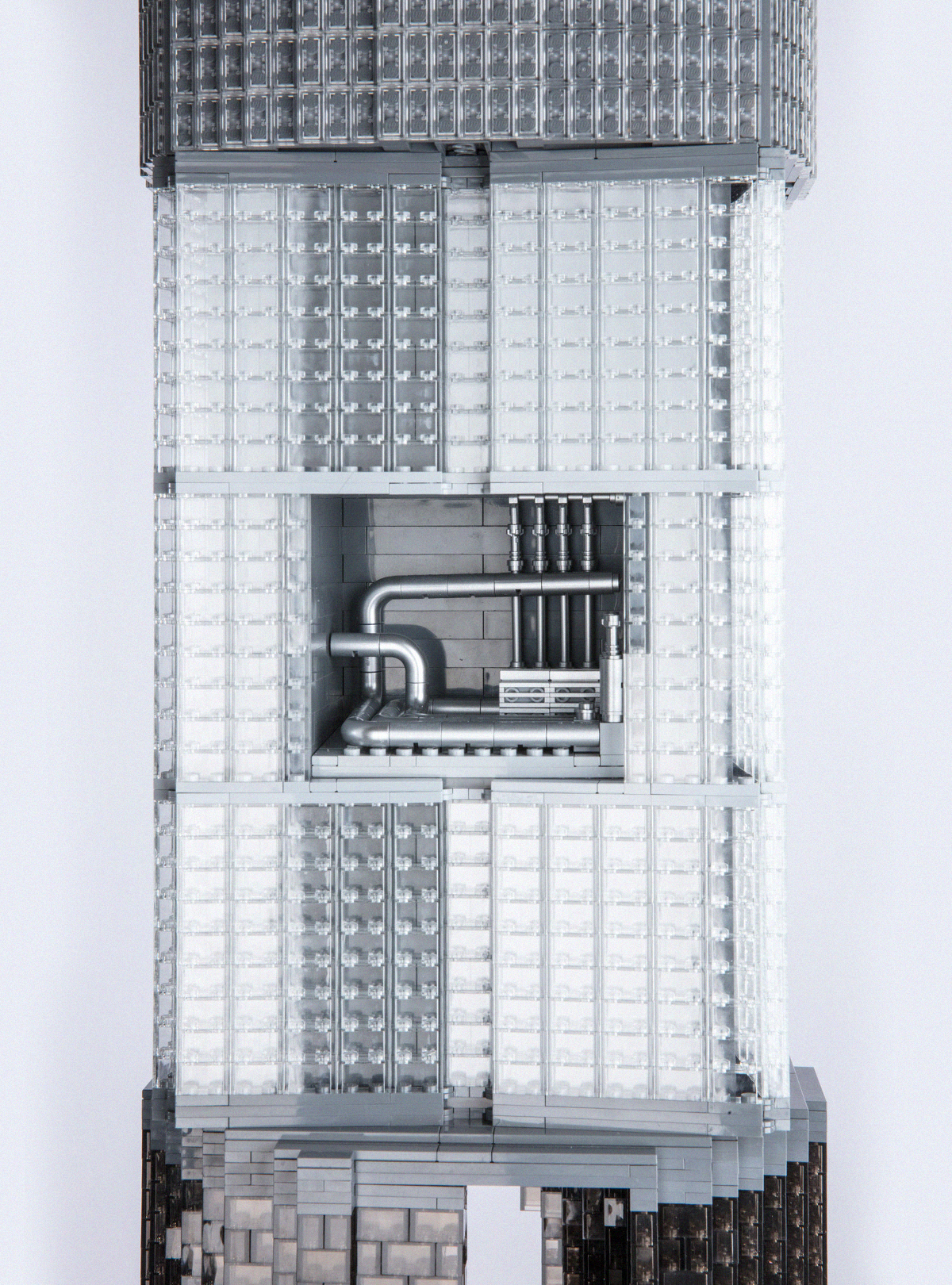 LEGO model detail: the HVAC section with a cutaway of silver ductwork
