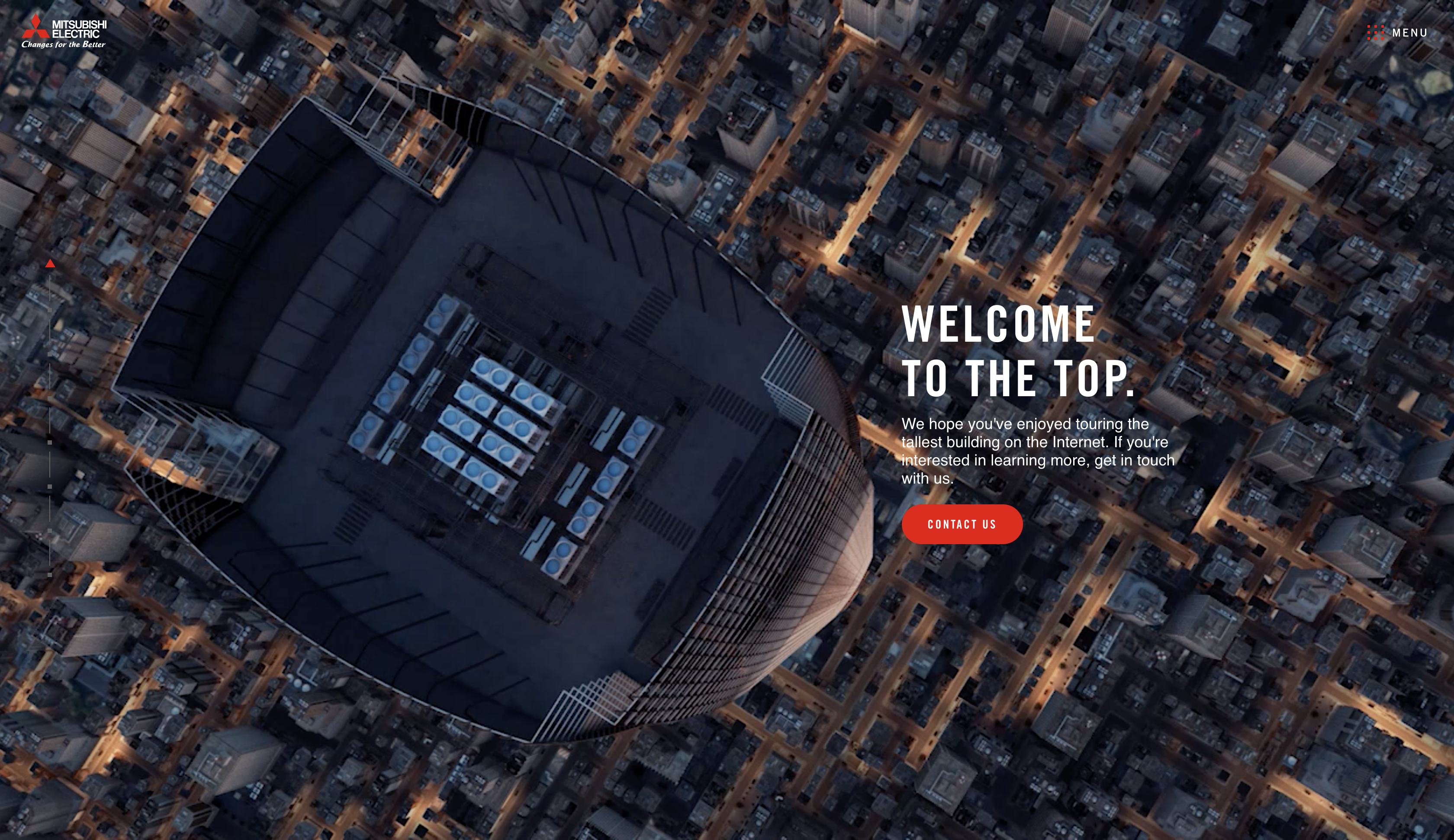 Site screen: aerial view down onto the tower's rooftop HVAC units with the closing message Welcome to the top