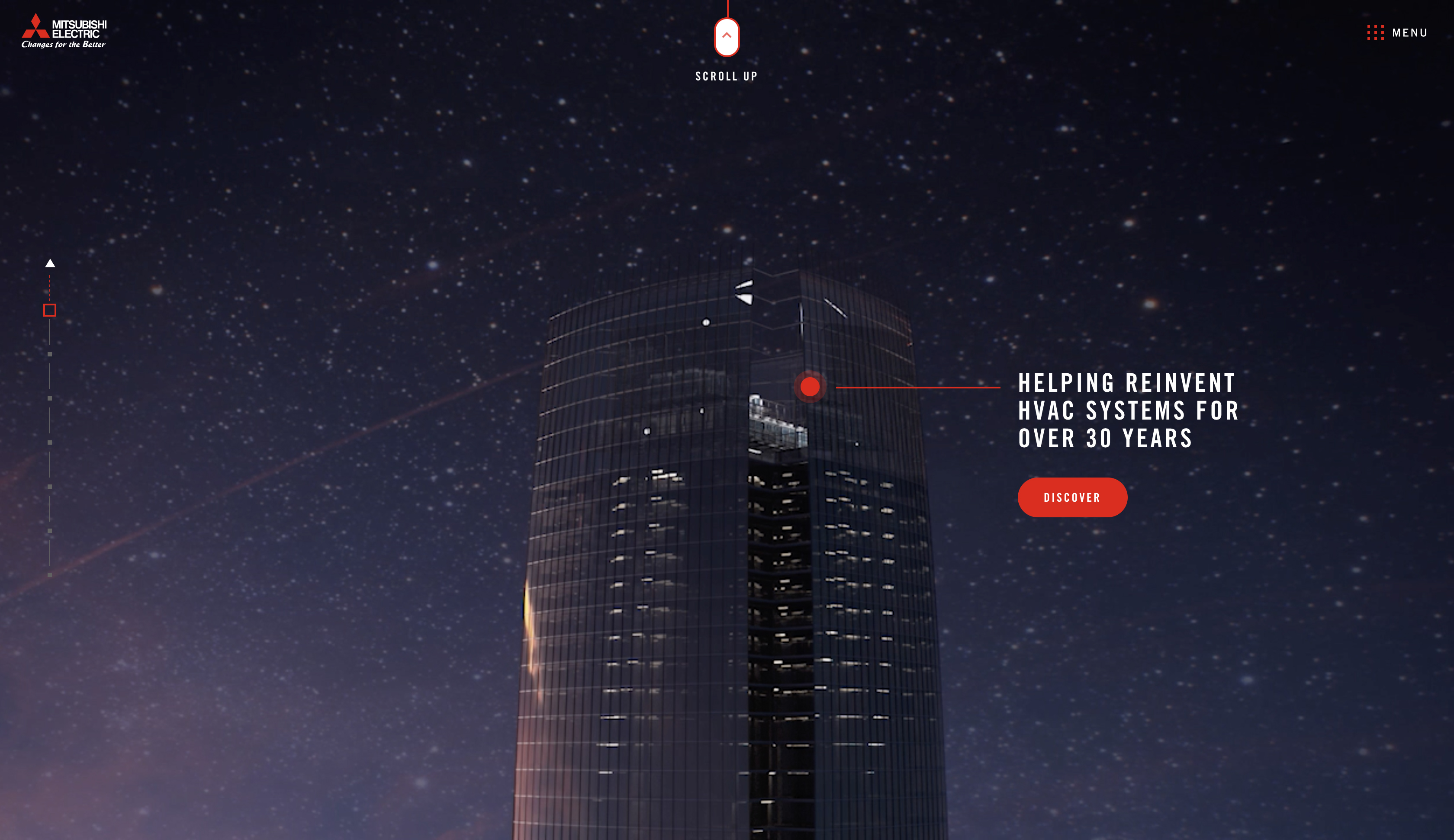 Site screen: the tower at night under stars with the headline Helping reinvent HVAC systems for over 30 years