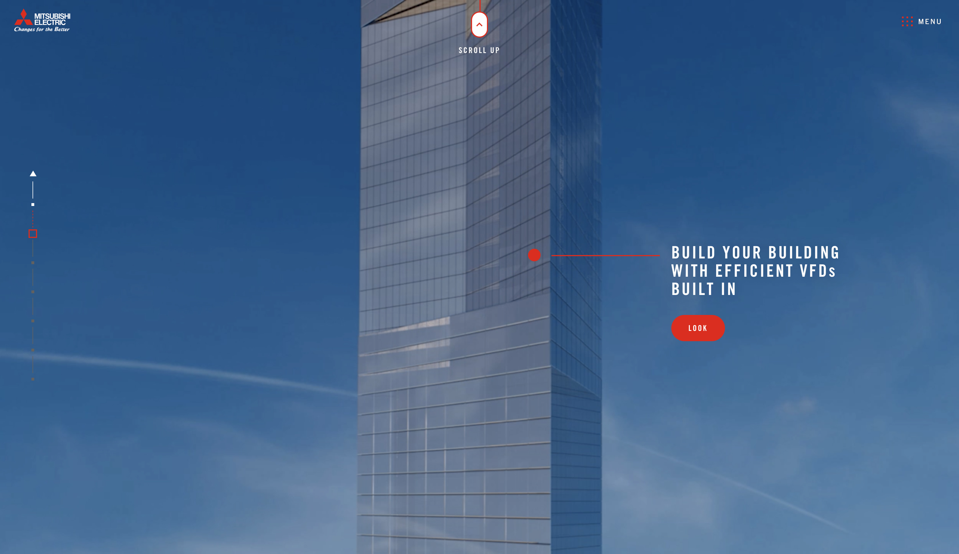 Site screen: the tower's glass facade against a blue sky with the headline Build your building with efficient VFDs built in