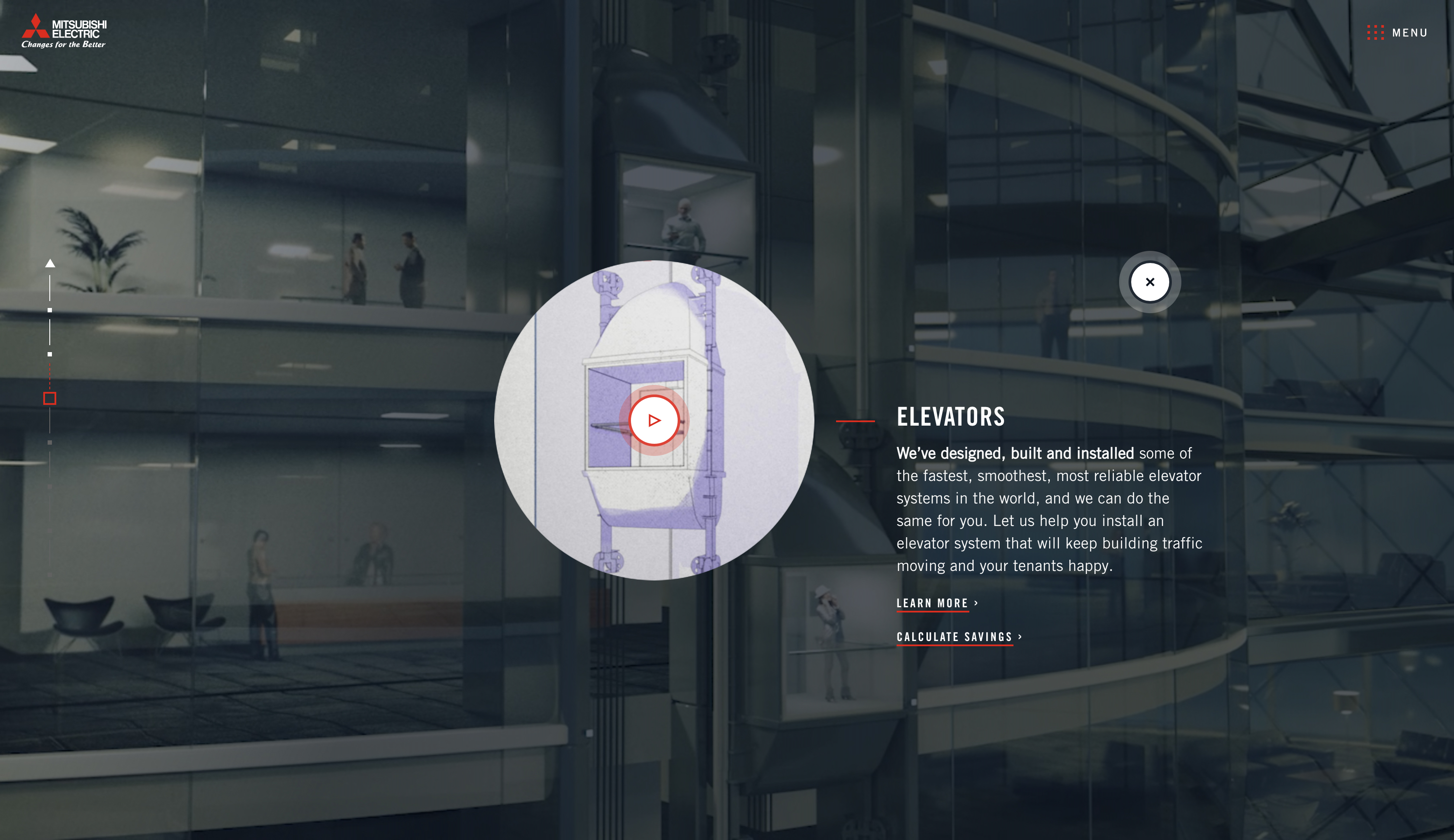 Site screen: an Elevators overlay with an illustrated elevator car and a play button