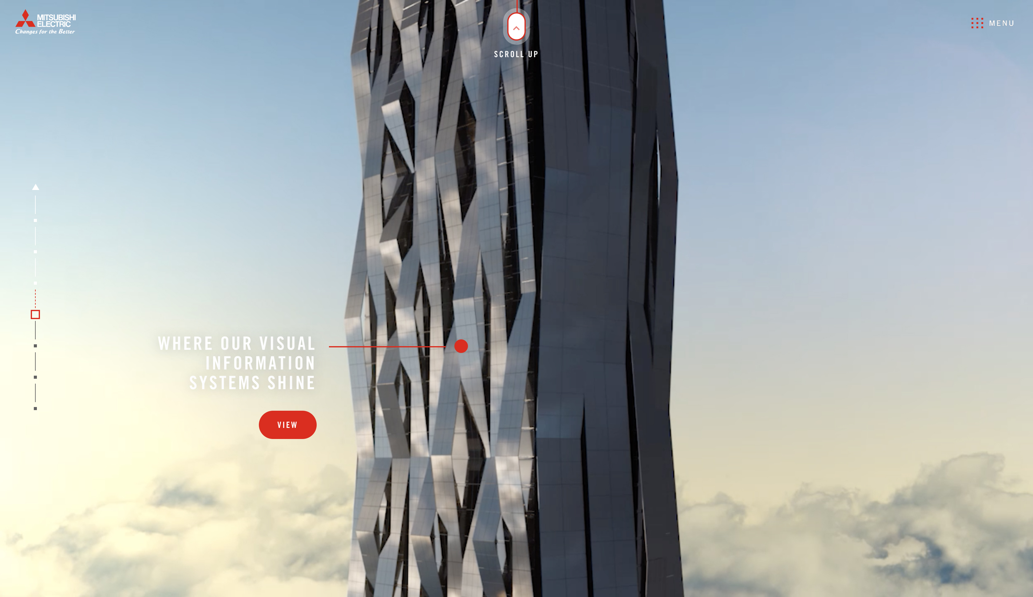 Site screen: the tower's lattice section above the clouds with the headline Where our visual information systems shine