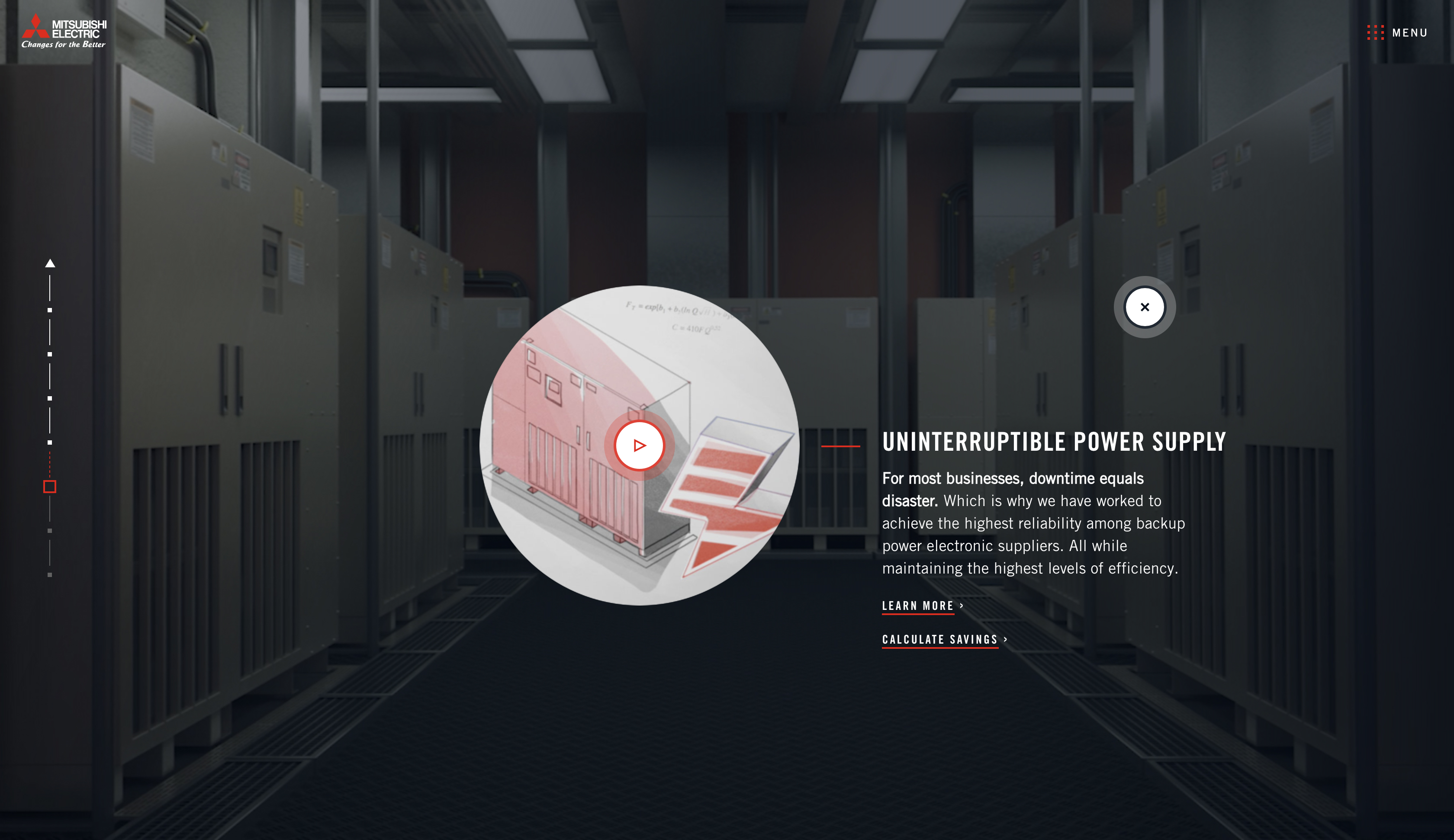 Site screen: an Uninterruptible Power Supply overlay with an illustrated UPS unit over a server room