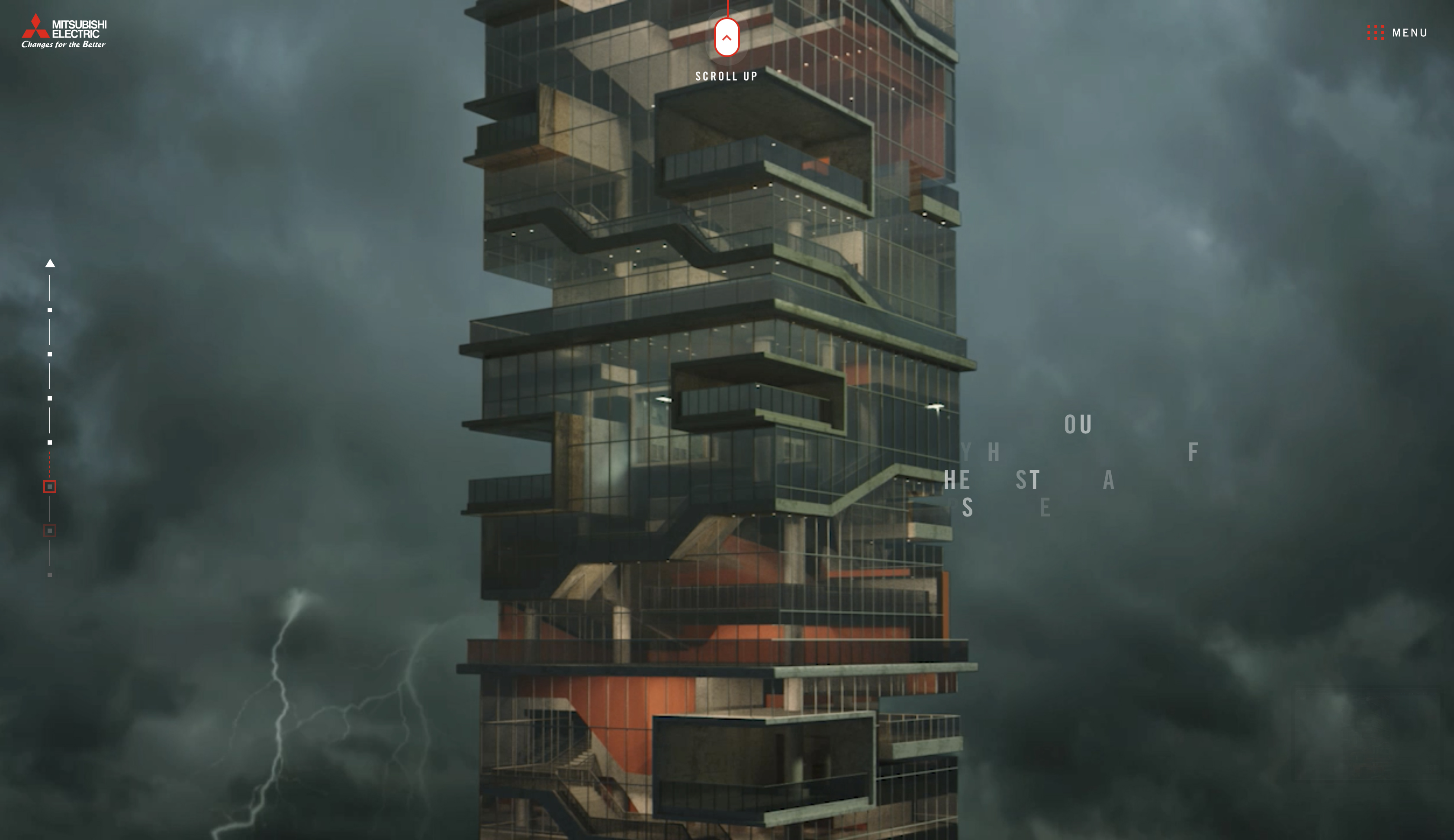Site screen: the tower's stacked glass floors in a storm with lightning
